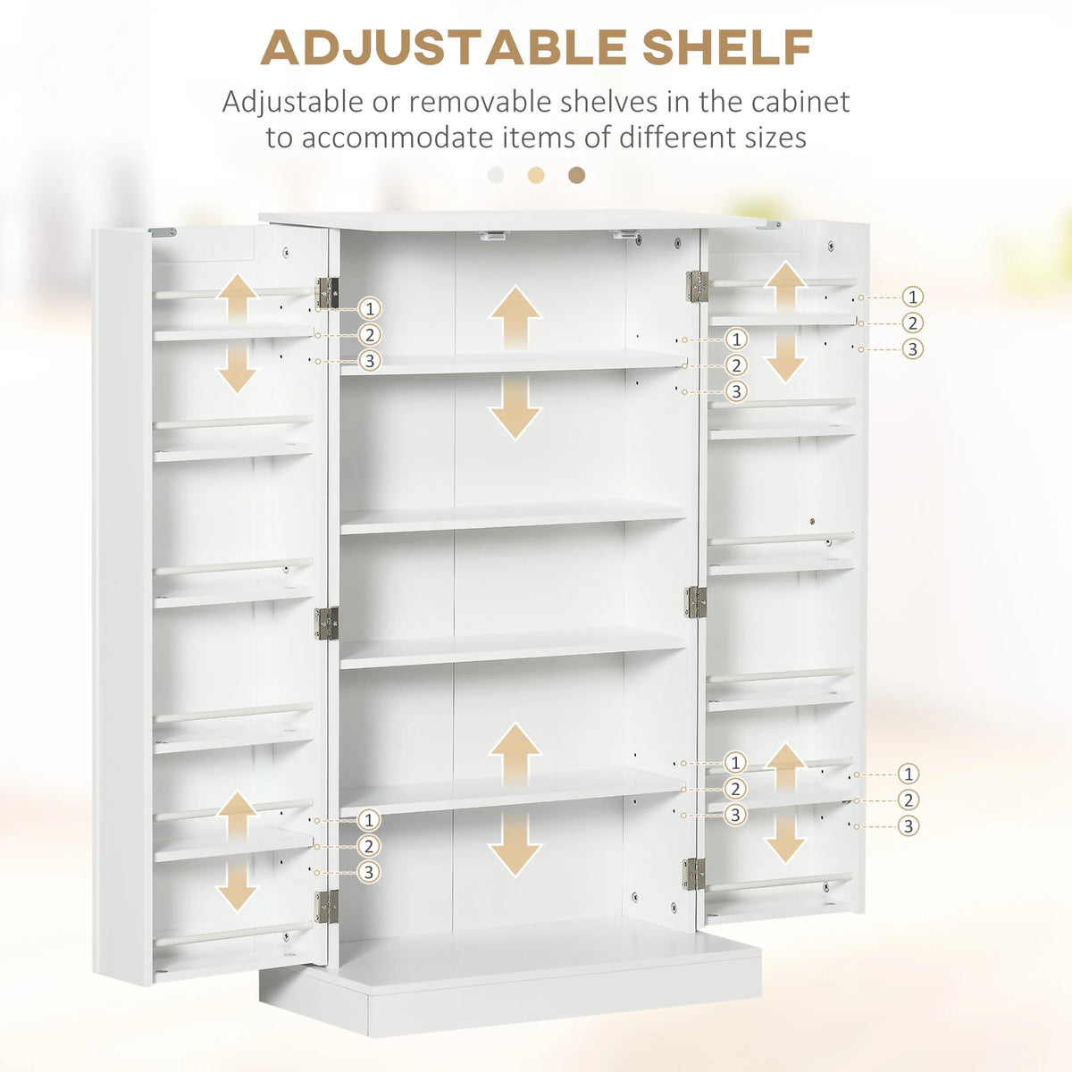 Pantry shelf-adjustment diagram with arrows indicating adjustable positions on interior shelves and door racks.