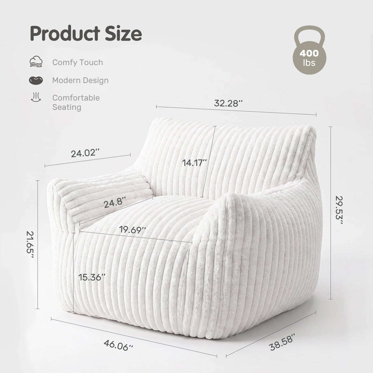 White ribbed fabric armchair with dimension callouts showing width, height, and depth measurements on a light gray background. Text on the left reads 'Product Size' with features, and a kettlebell icon indicates 400 lbs.