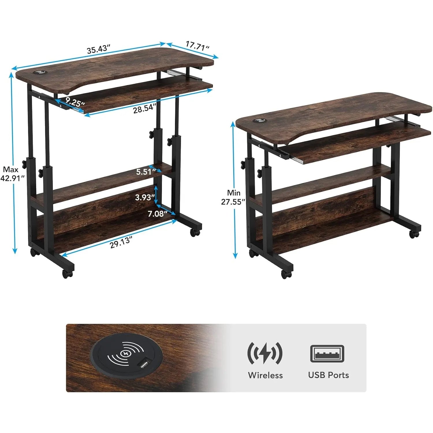 Adjustable standing desk with dimensions and wireless charging pad features on a white background