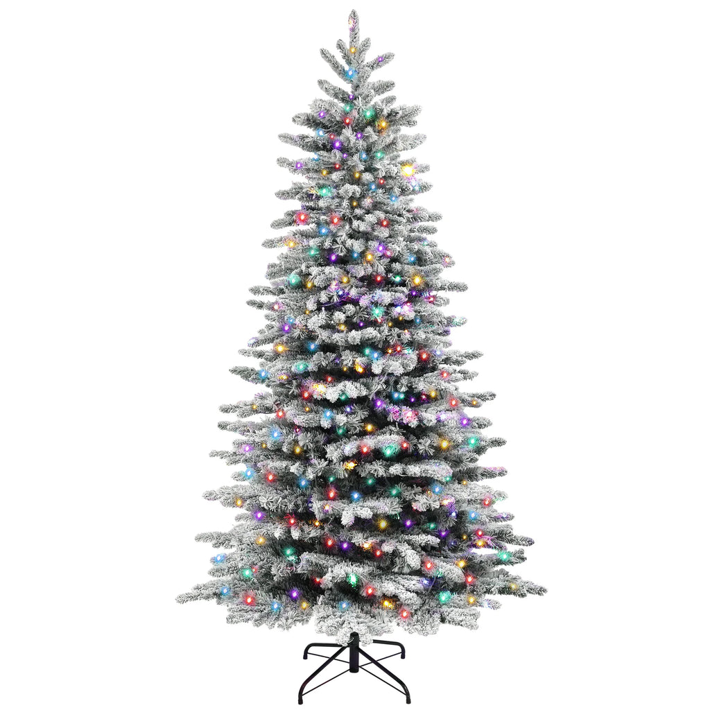 Olivehalo snow-flocked Christmas tree with multicolor lights and a black stand with four feet