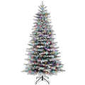 Olivehalo snow-flocked Christmas tree with multicolor lights and a black stand with four feet