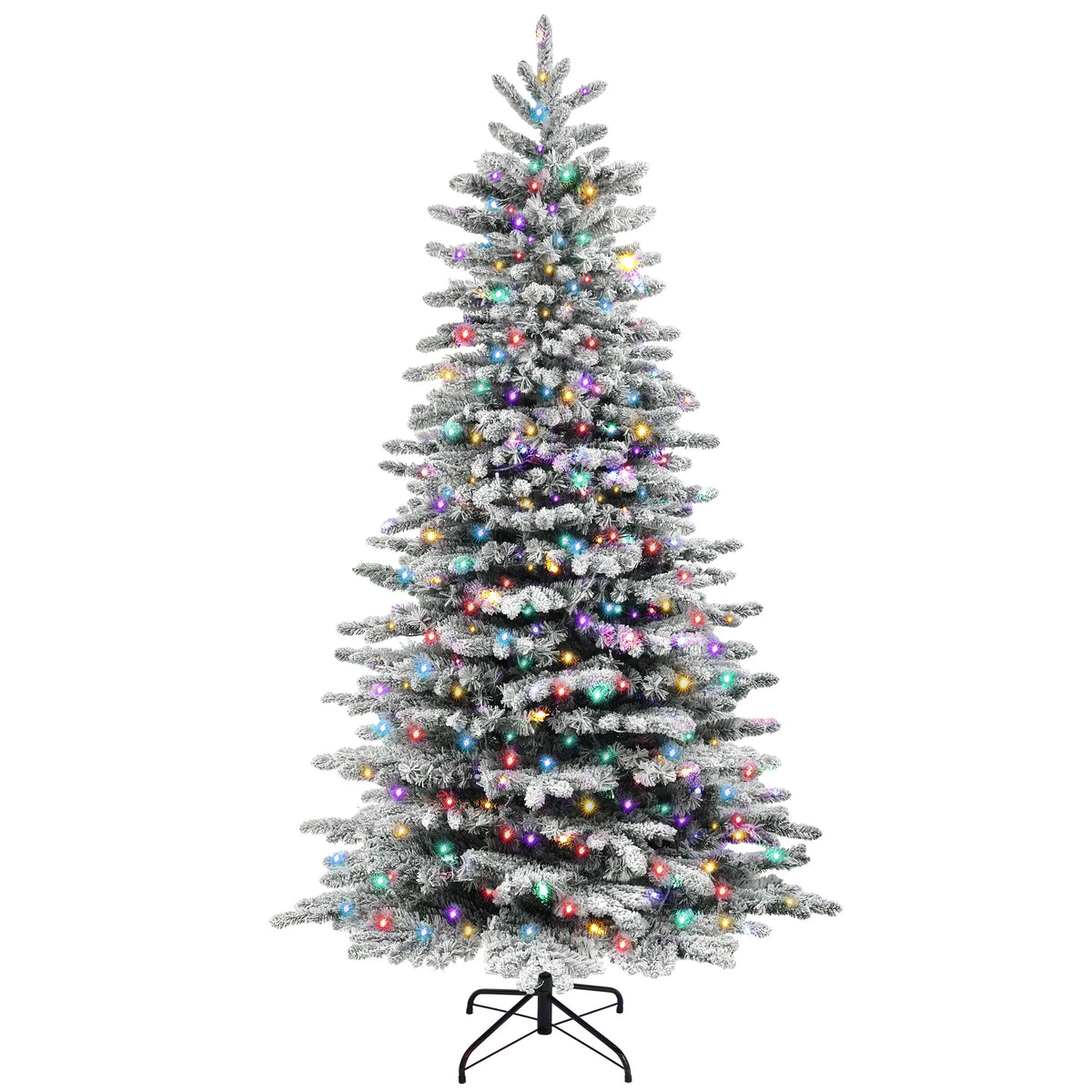 Olivehalo snow-flocked Christmas tree with multicolor lights and a black stand with four feet