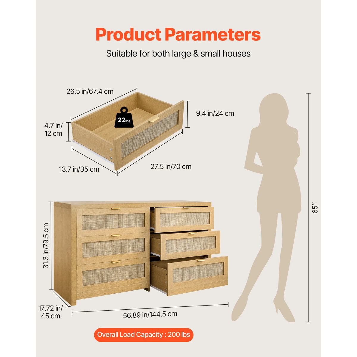 Moonlitveil 59-inch natural dresser dimension and drawer-capacity graphic