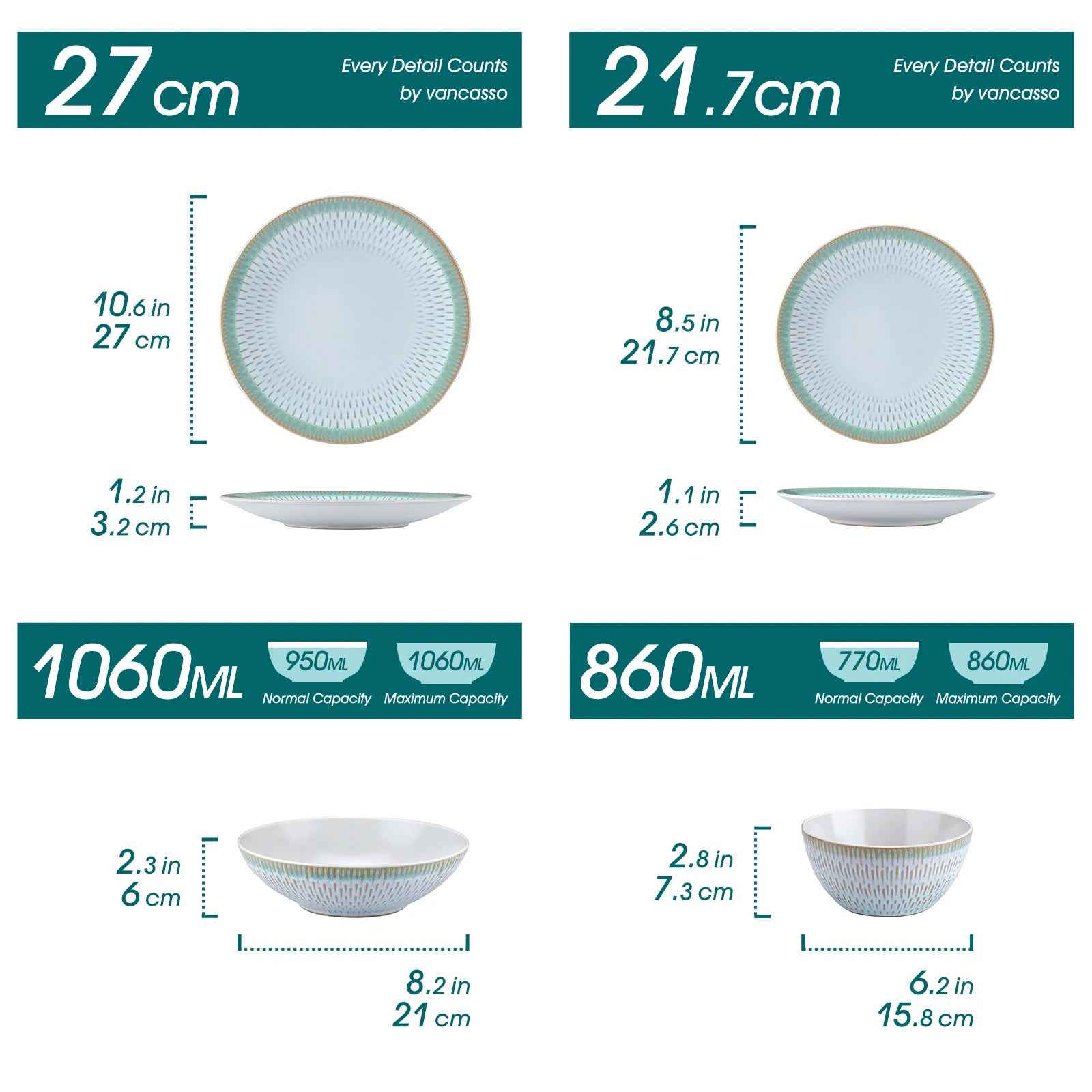 VANCASSO Pluvo Spring Series Stoneware Dinnerware Set – Green Trim, 16/32/48 Pieces