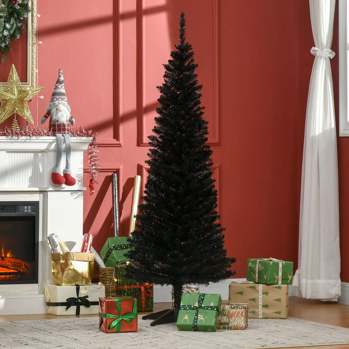 Noirspire black Christmas tree displayed beside wrapped gifts
