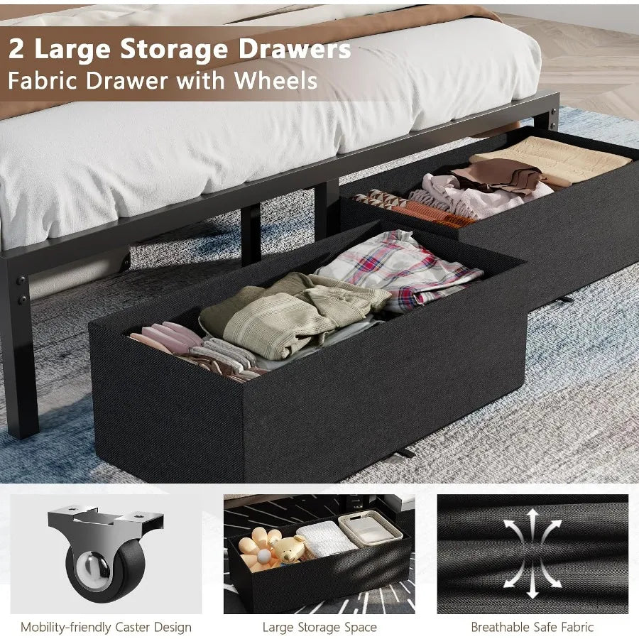 Two wheeled fabric drawers illustrated beside the bed frame