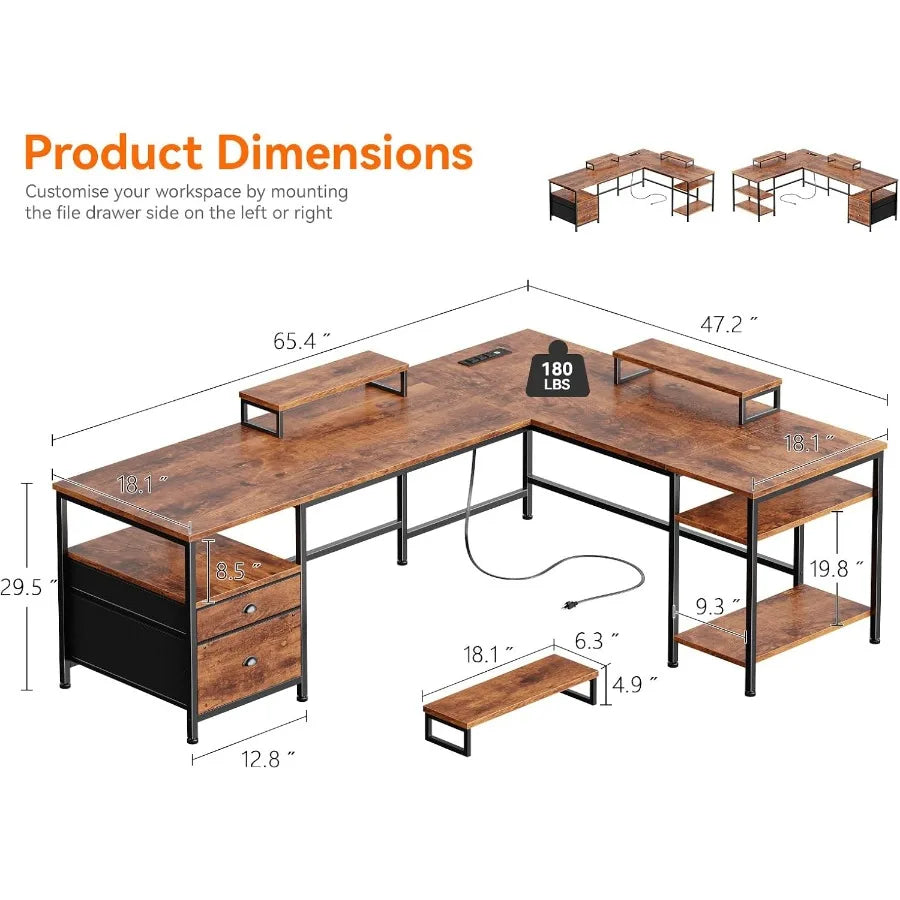 L-shaped desk measurement chart with 29.5-inch desktop height and two separate risers