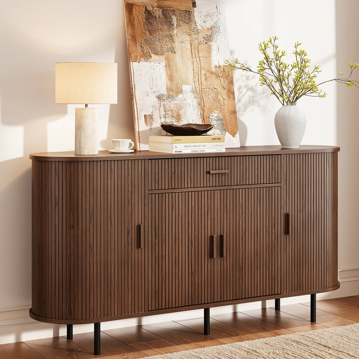 Walnut Cindersong fluted sideboard with one wide drawer and curved cabinet ends