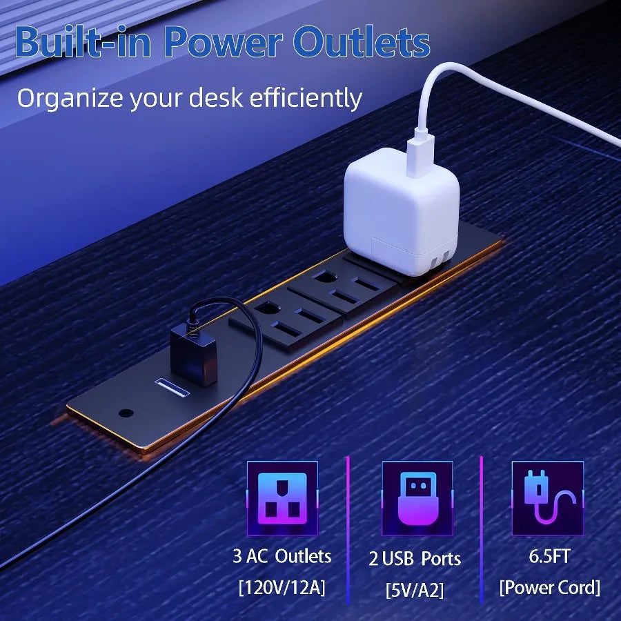 Close-up of the desktop outlet strip with AC and USB connections