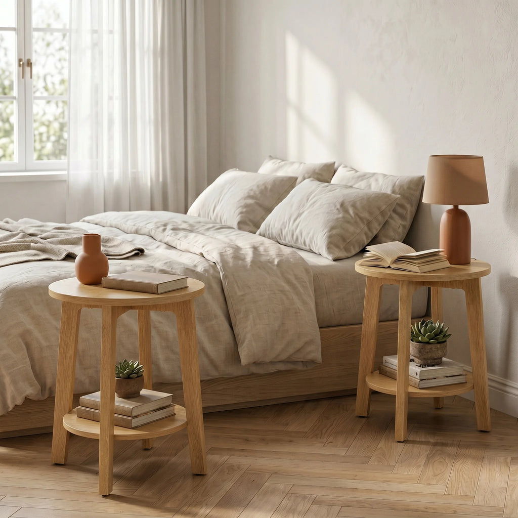 Reverieecho wood side tables styled beside a bed