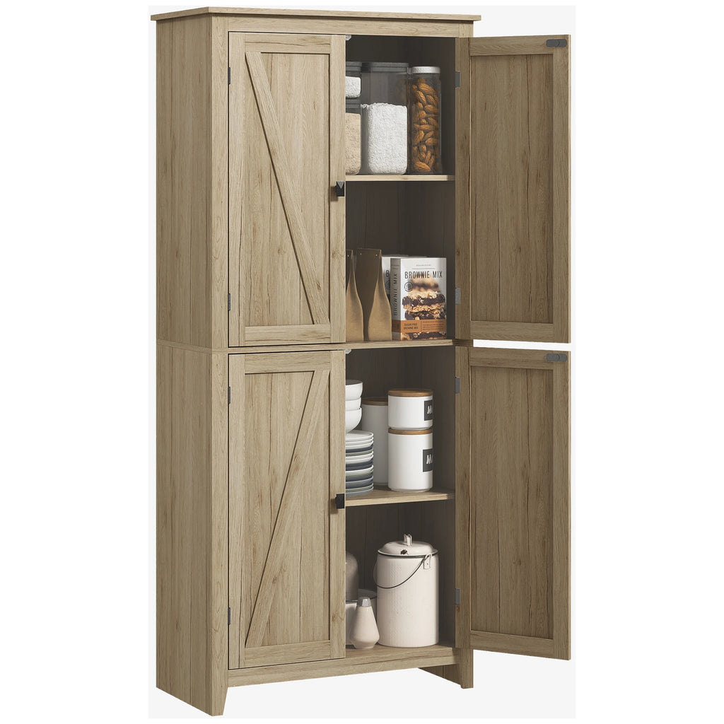 Wonderhalo natural wood-look pantry cabinet with four doors and two right doors open