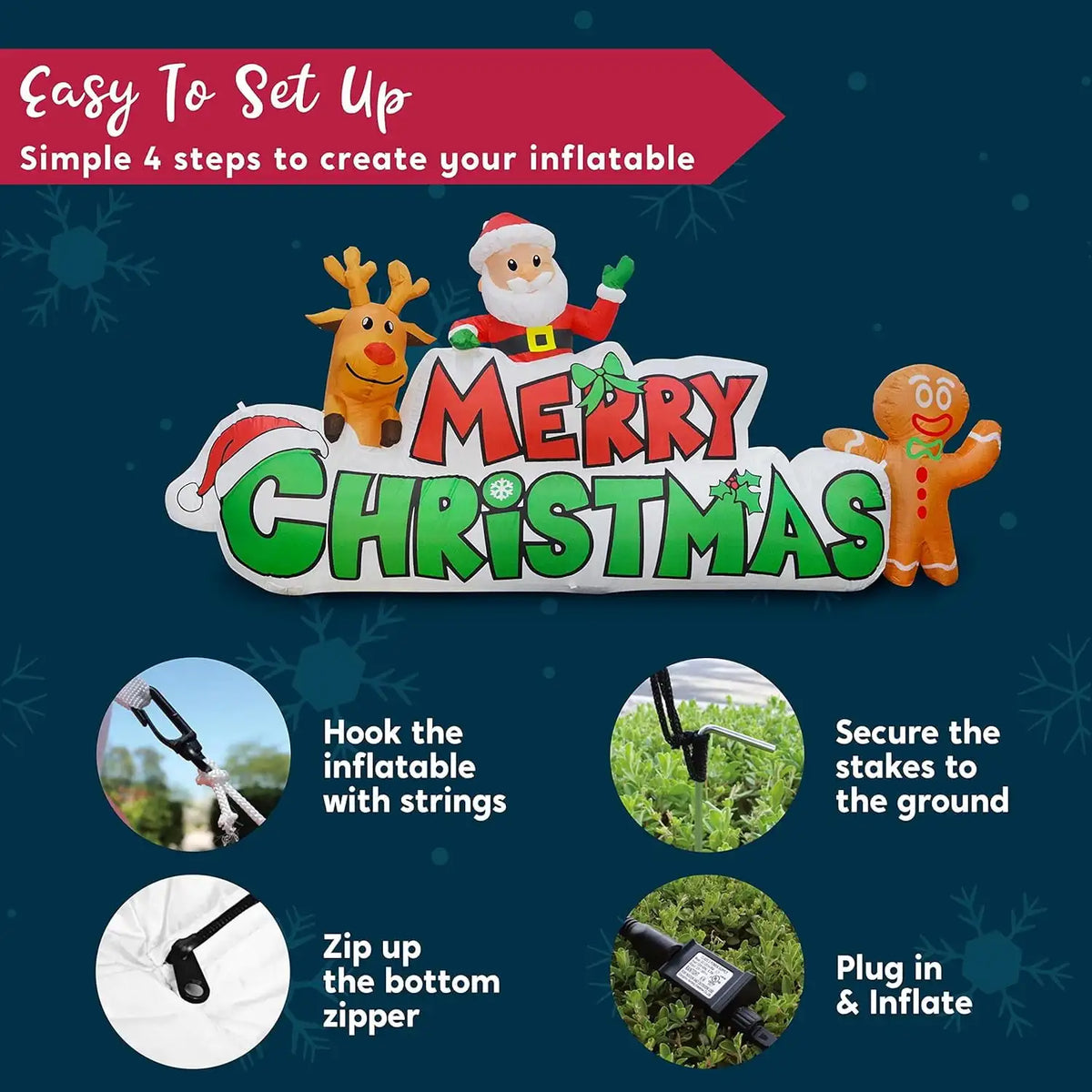 Merriglow setup graphic showing zipper closure, inflation and outdoor anchoring.