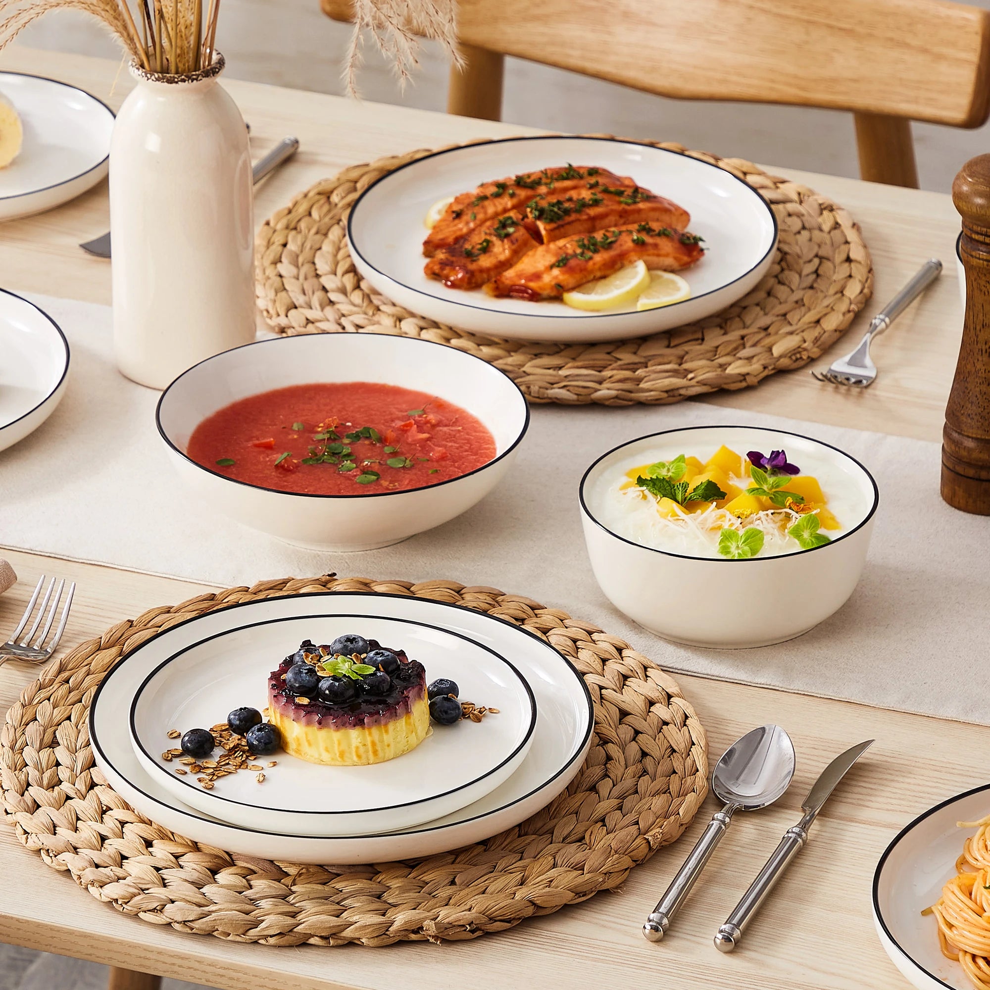 MALACASA Porcelain Dinnerware Set – White or White with Black Rim, 12–24 Pieces