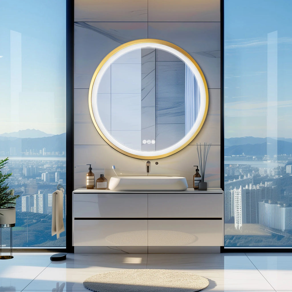 Round LED Bathroom Mirror – Gold Aluminum Frame, Anti-Fog