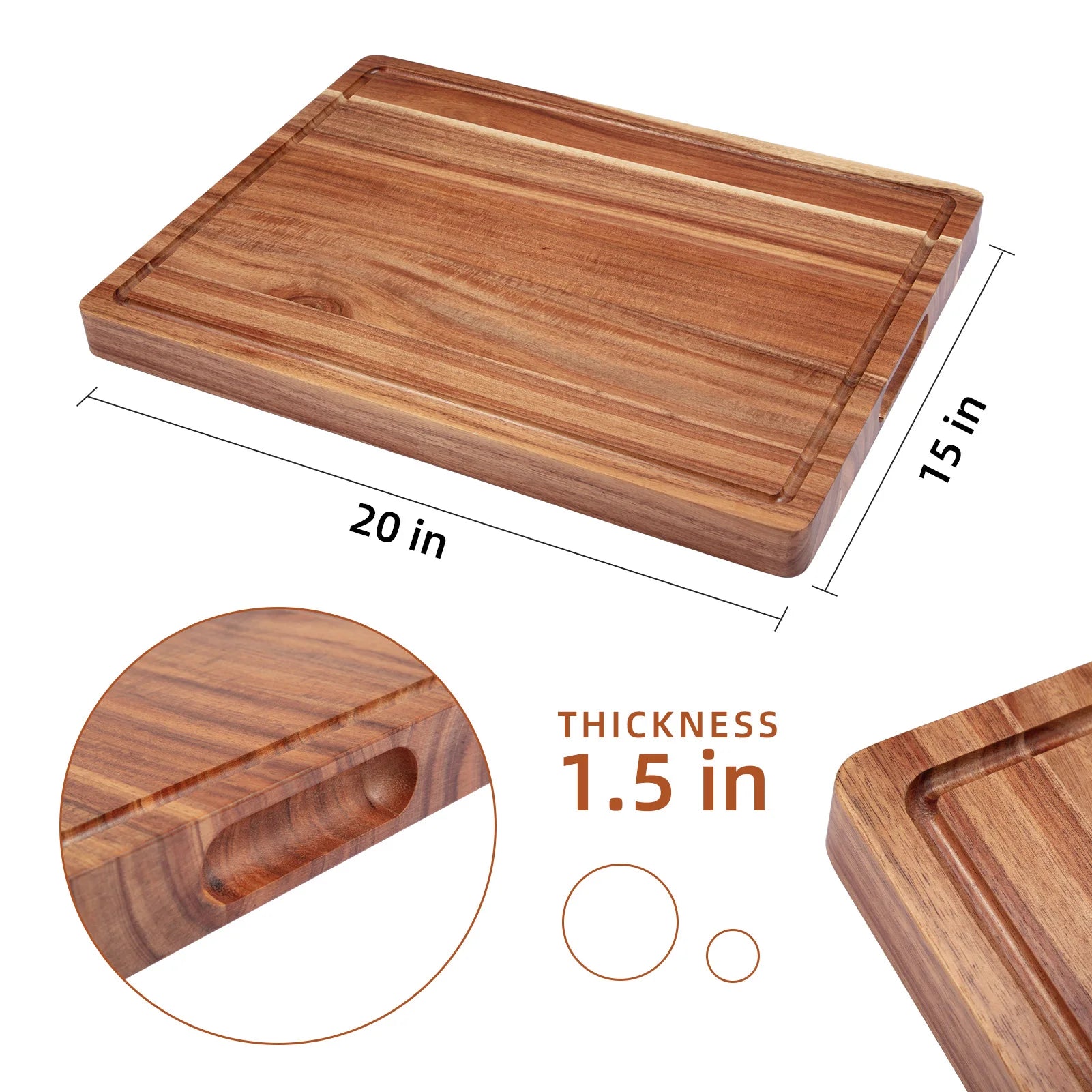 Wooden cutting board with dimensions and thickness details on a white background