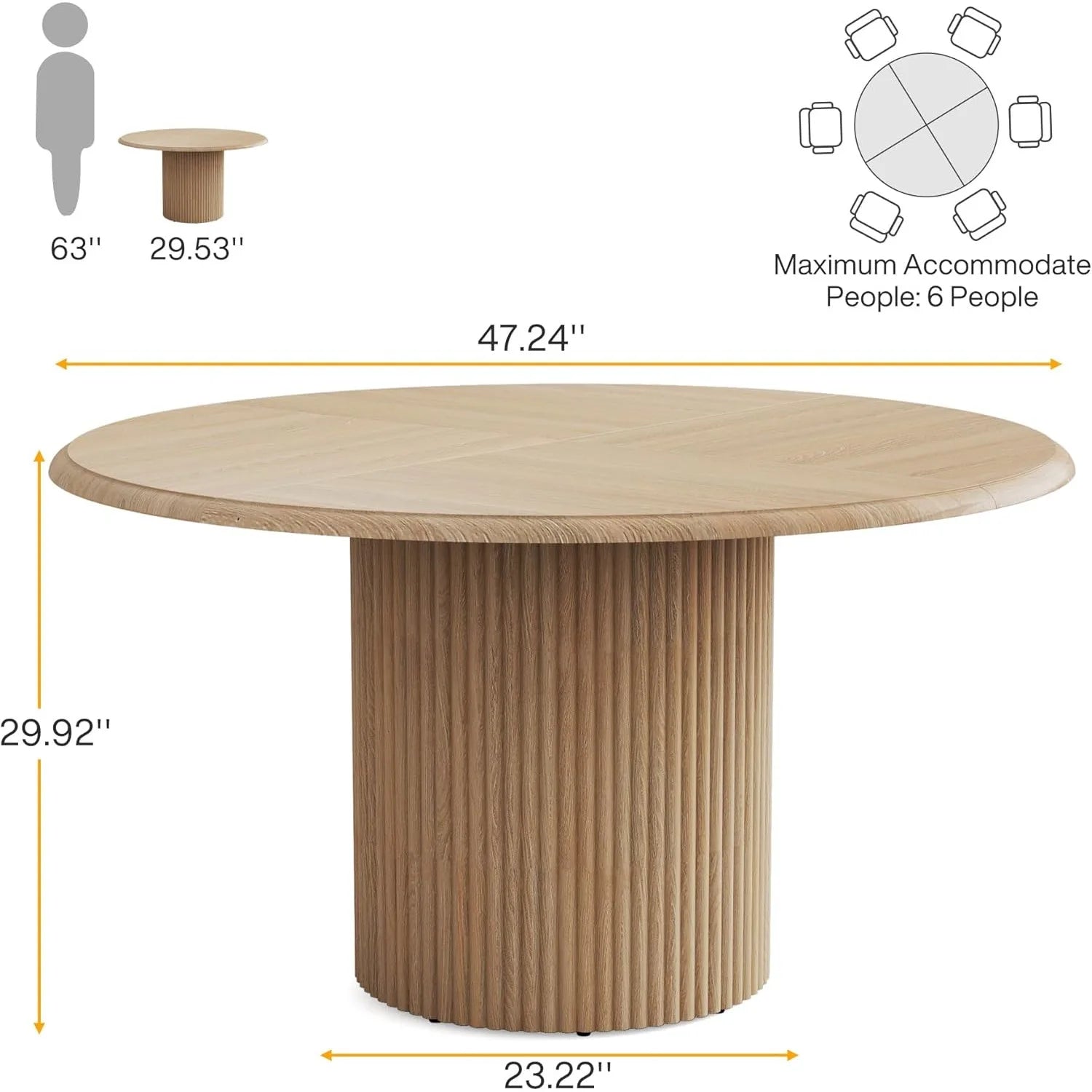 Wooden dining table with dimensions and capacity details on a white background