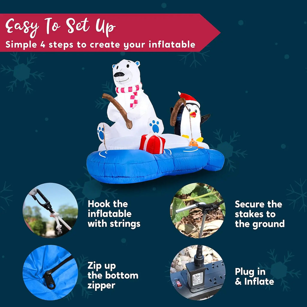 Frostcast setup instructions showing tethers, stakes, zipper closure and plug-in inflation.