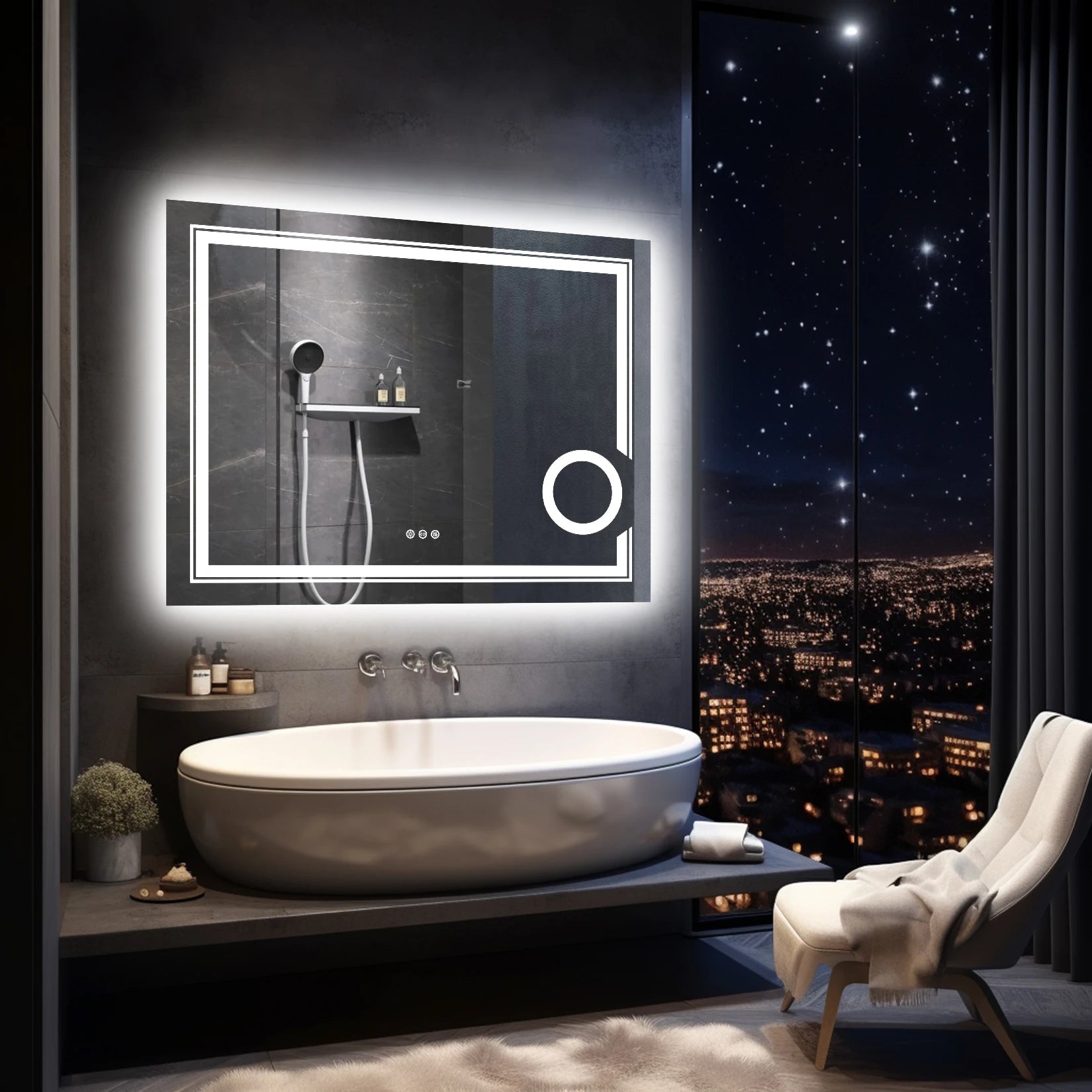 Modern bathroom with illuminated mirror and cityscape view