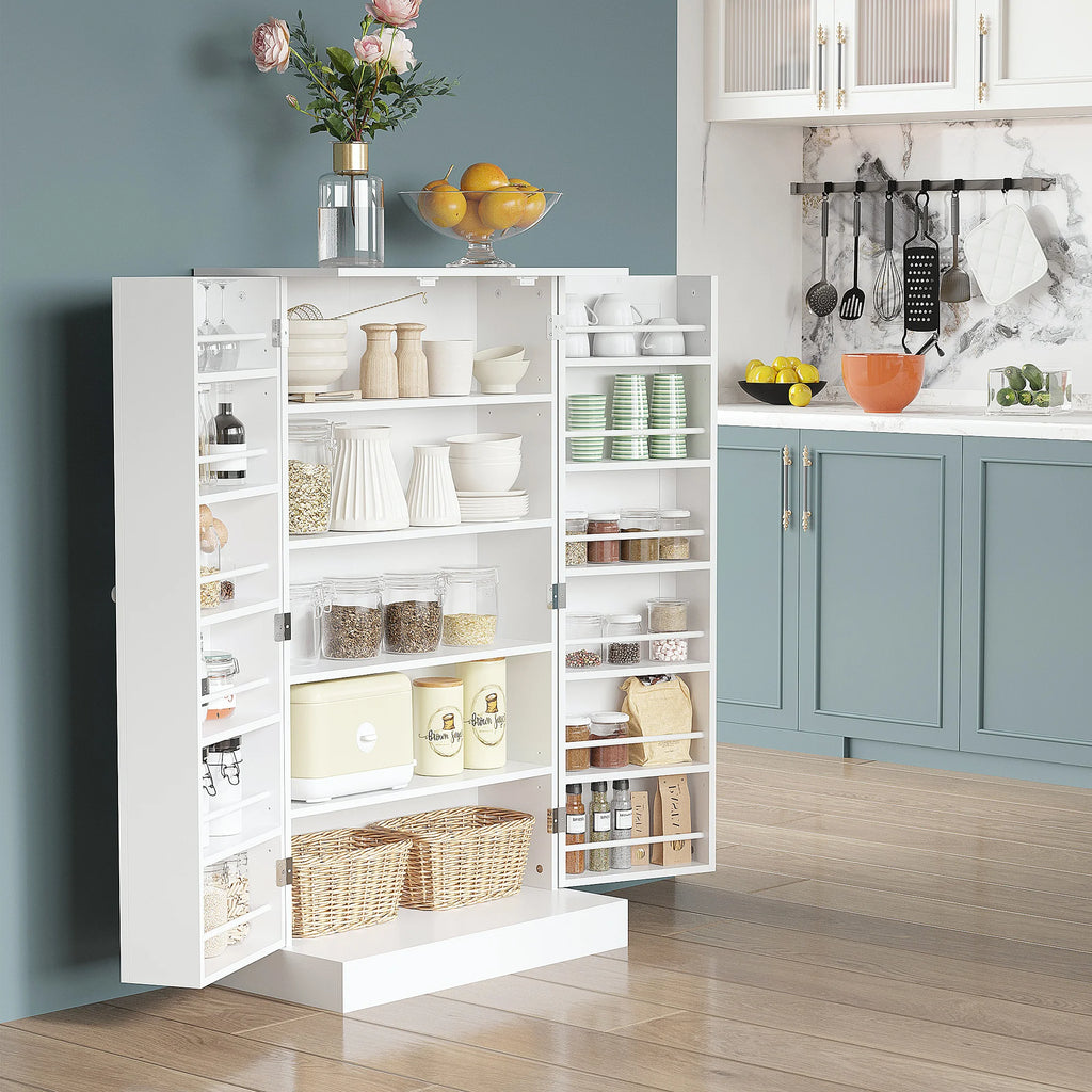 Hearthwick white pantry cabinet open in a kitchen, with dishes, jars and baskets on interior shelves and door racks.