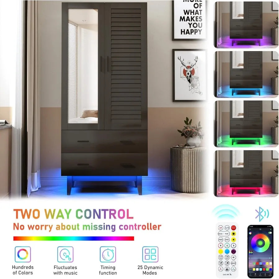 Two-way lighting-control illustration with a handheld remote, Bluetooth phone app, color examples, and dynamic-mode icons.