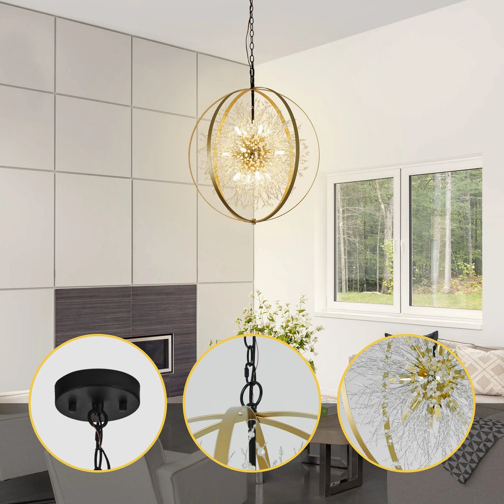 Glintseed gold globe chandelier styled in a furnished interior.