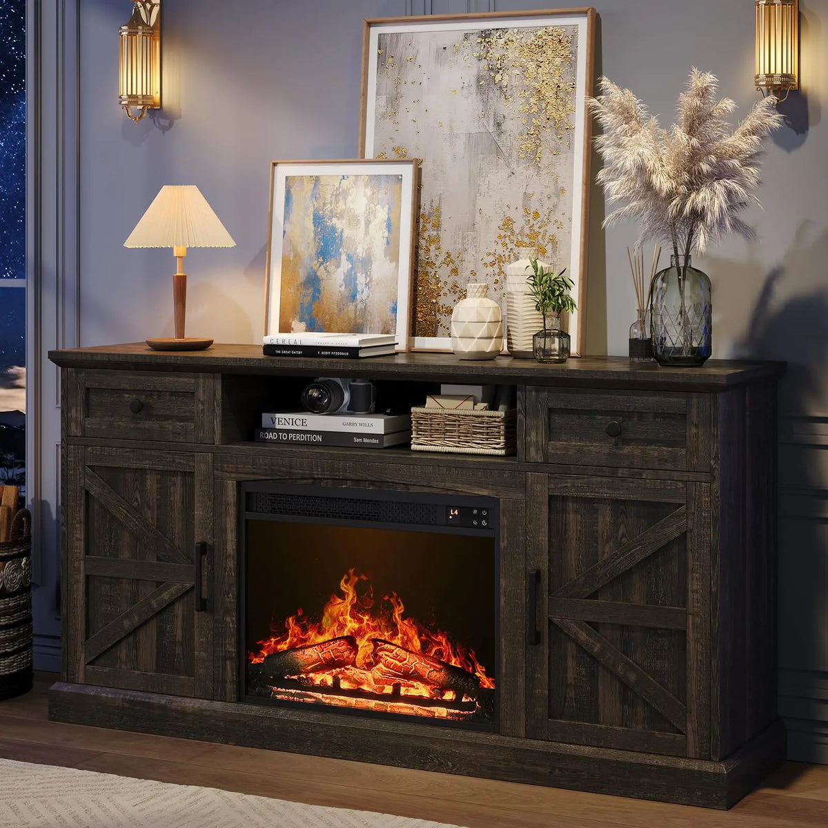 Dark wood-grain fireplace TV stand casting a warm glow in a living room at night.