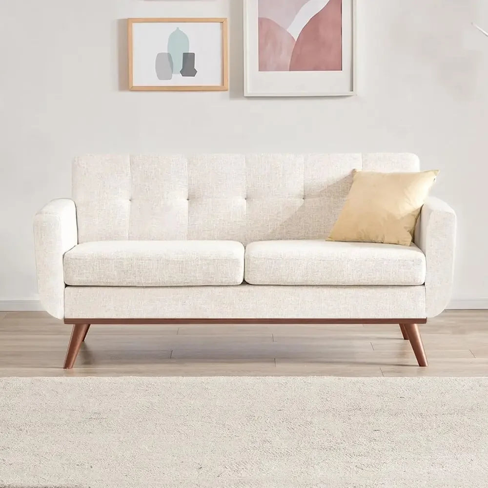 Beige upholstered Embercoast two-seat loveseat with button-tufted back