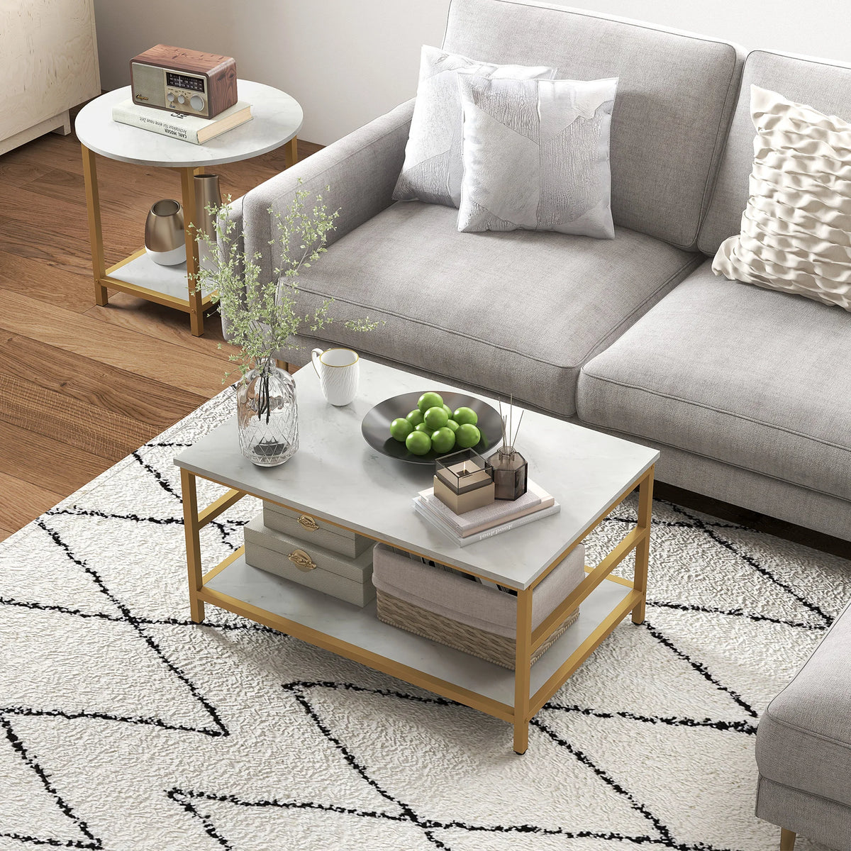 Gildmere rectangular table in front of a sofa and round accent table beside it