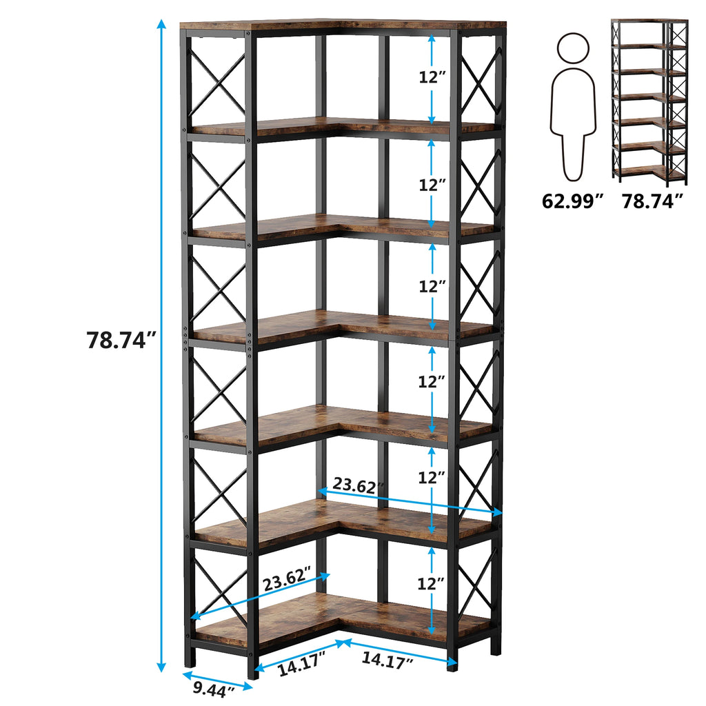 Corner bookshelf with dimensions and a person for scale on a white background