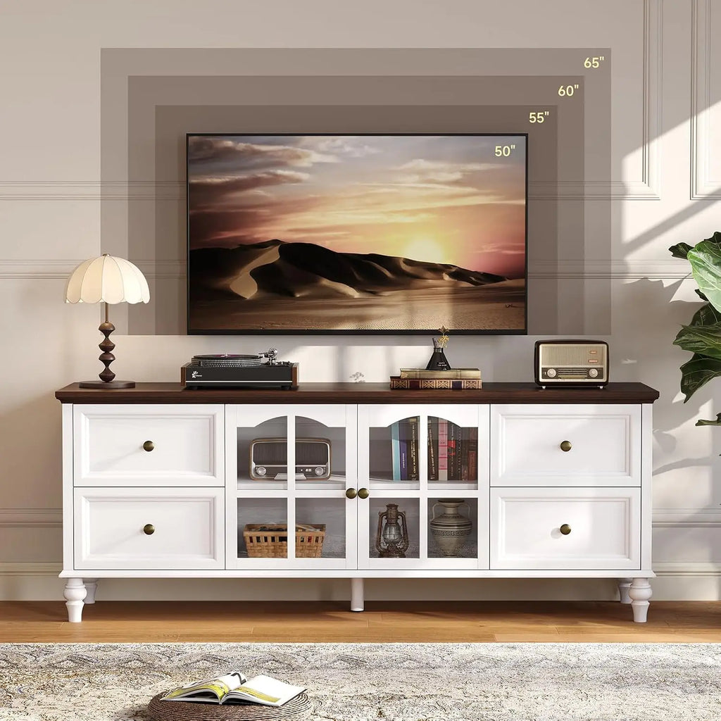 Fawnarc White TV stand beneath a television-size comparison graphic.