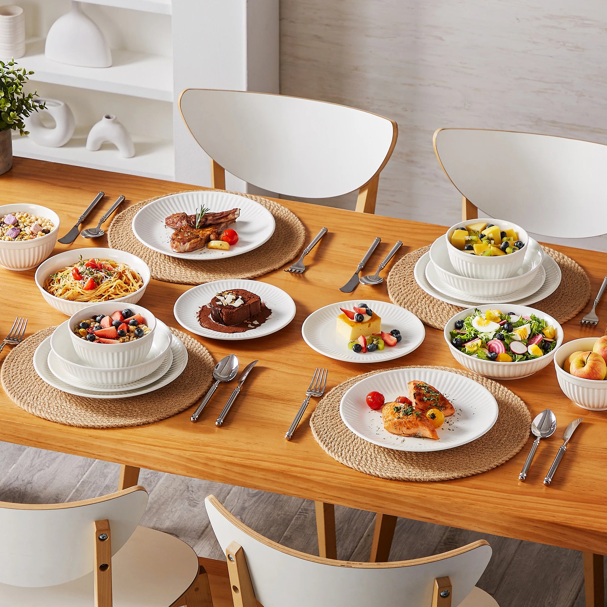 MALACASA LEILA Porcelain Dinnerware Set – White or White with Black Rim, 12–32 Pieces