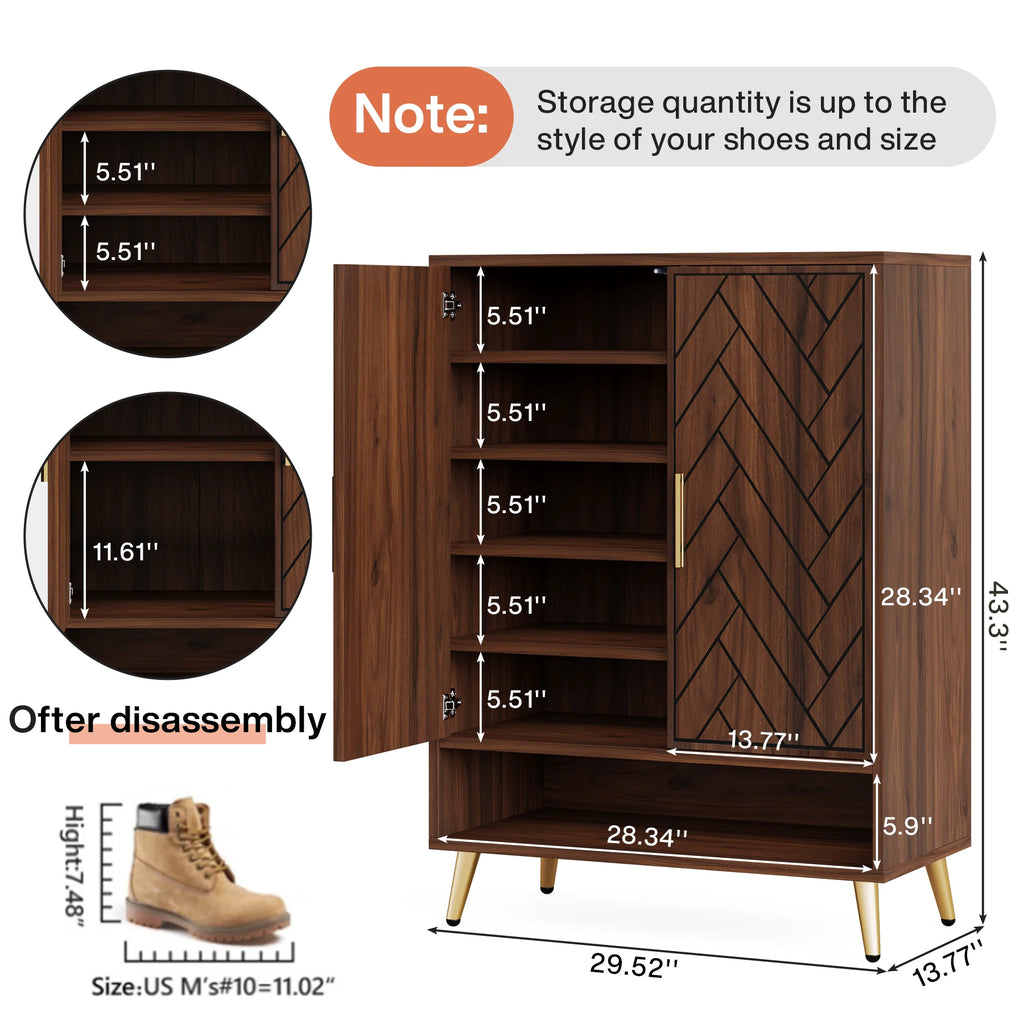 Wooden shoe cabinet with dimensions and shoe size reference