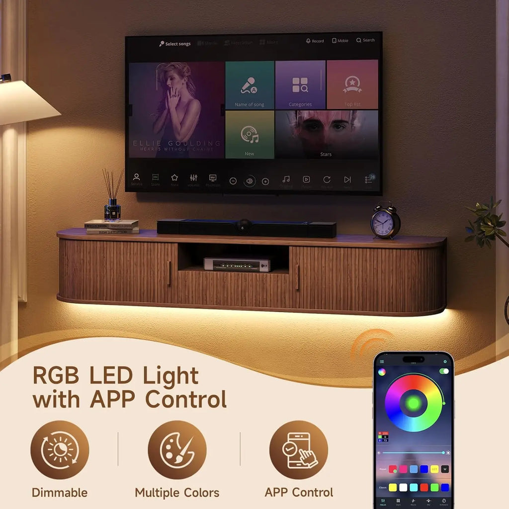 Melodyhalo floating TV stand with dimmable multicolor LED lighting and app-control illustration.