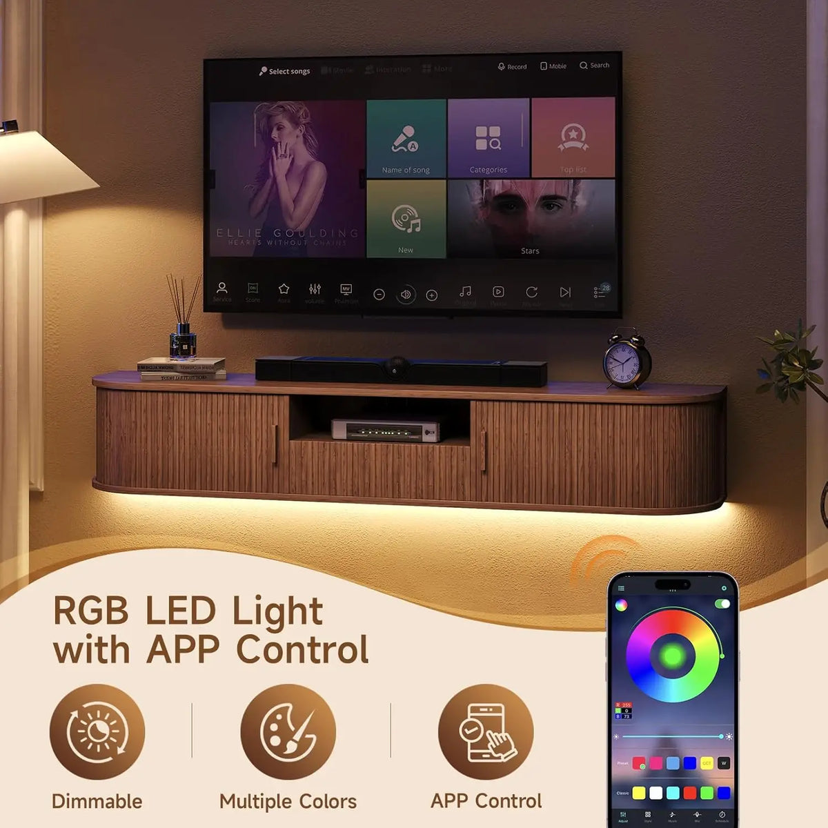 Melodyhalo floating TV stand with dimmable multicolor LED lighting and app-control illustration.
