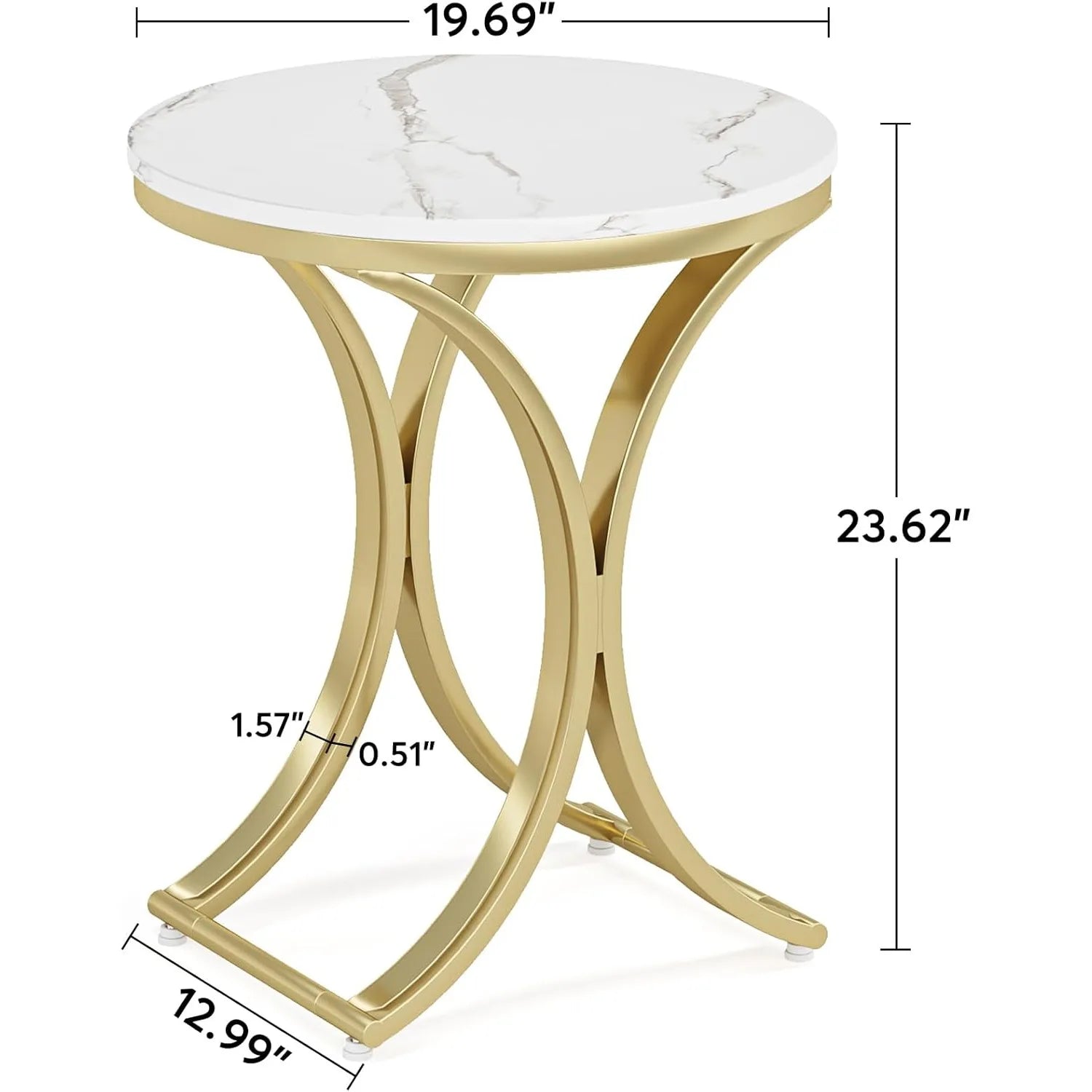 Gold side table with marble top and dimensions on a white background
