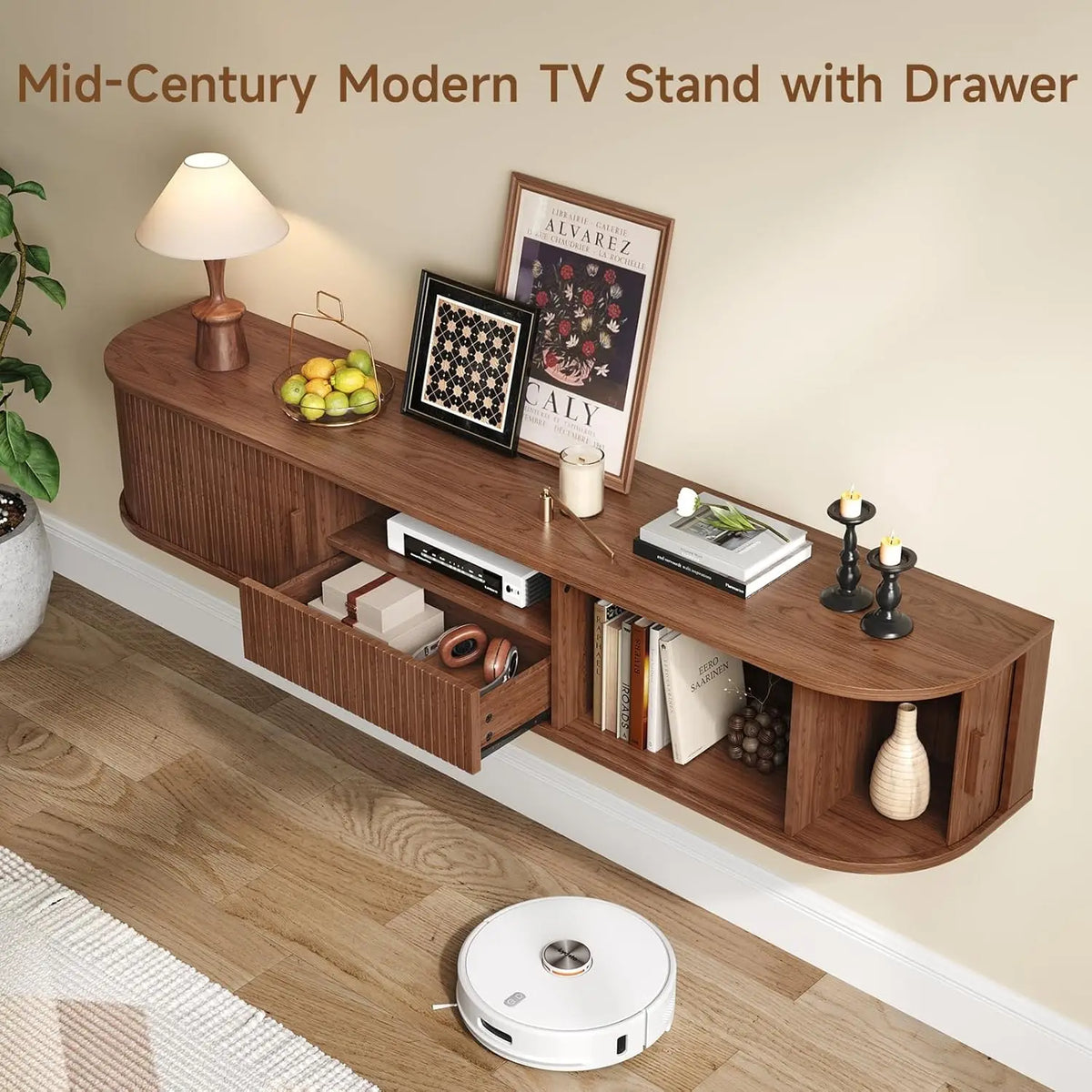 Dark Brown Melodyhalo TV stand with the center drawer pulled out and right-side storage open.
