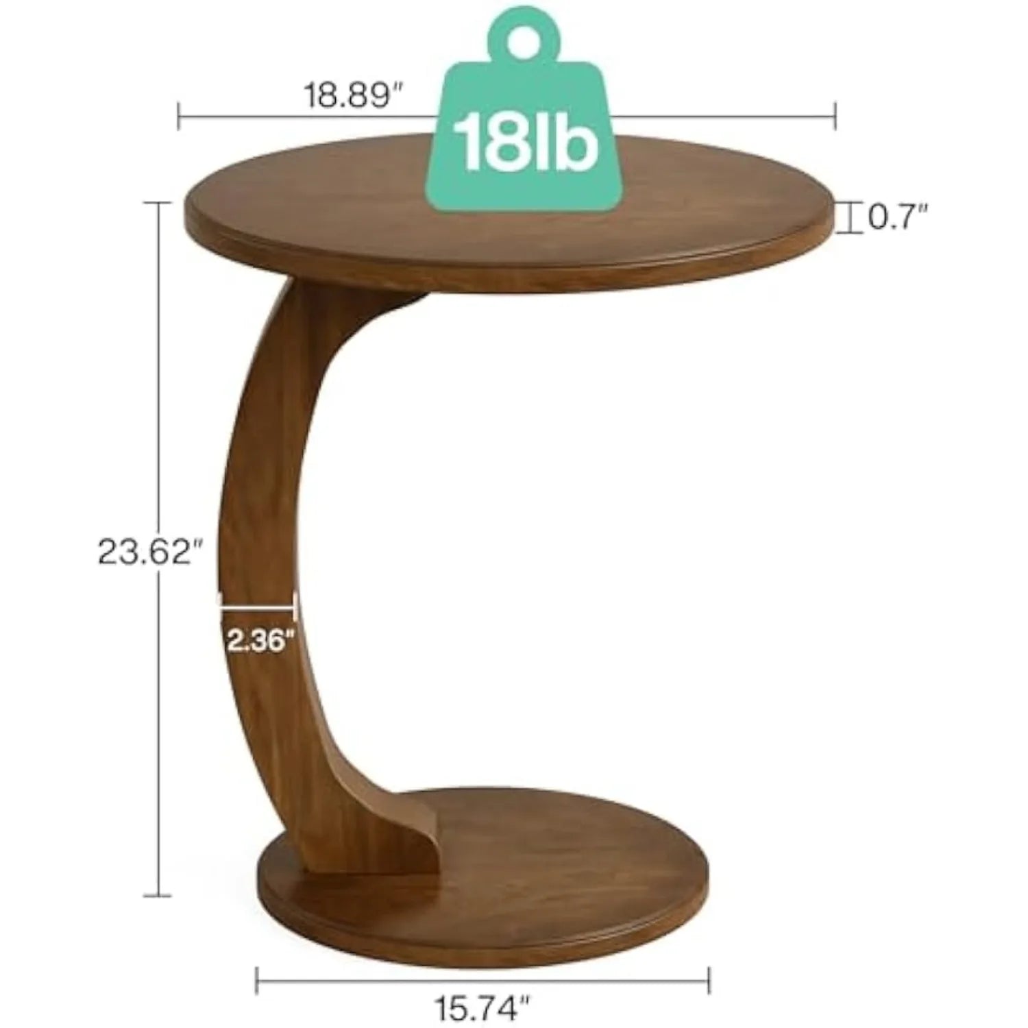 Wooden side table with dimensions and weight label on a white background