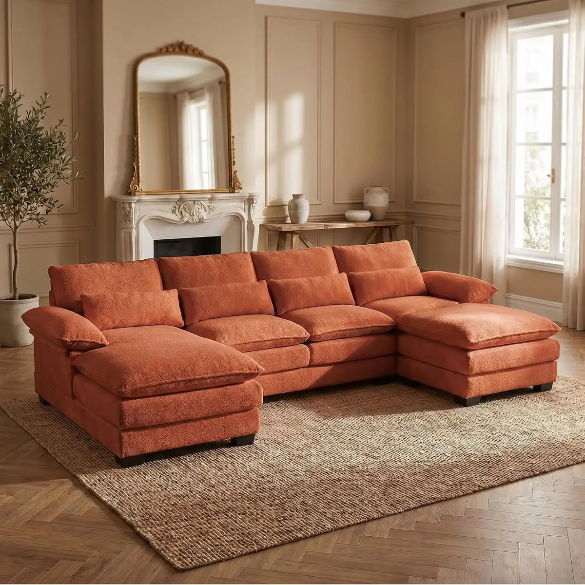 Halewyn U-shaped chenille sectional in Orange with two chaise-style ends