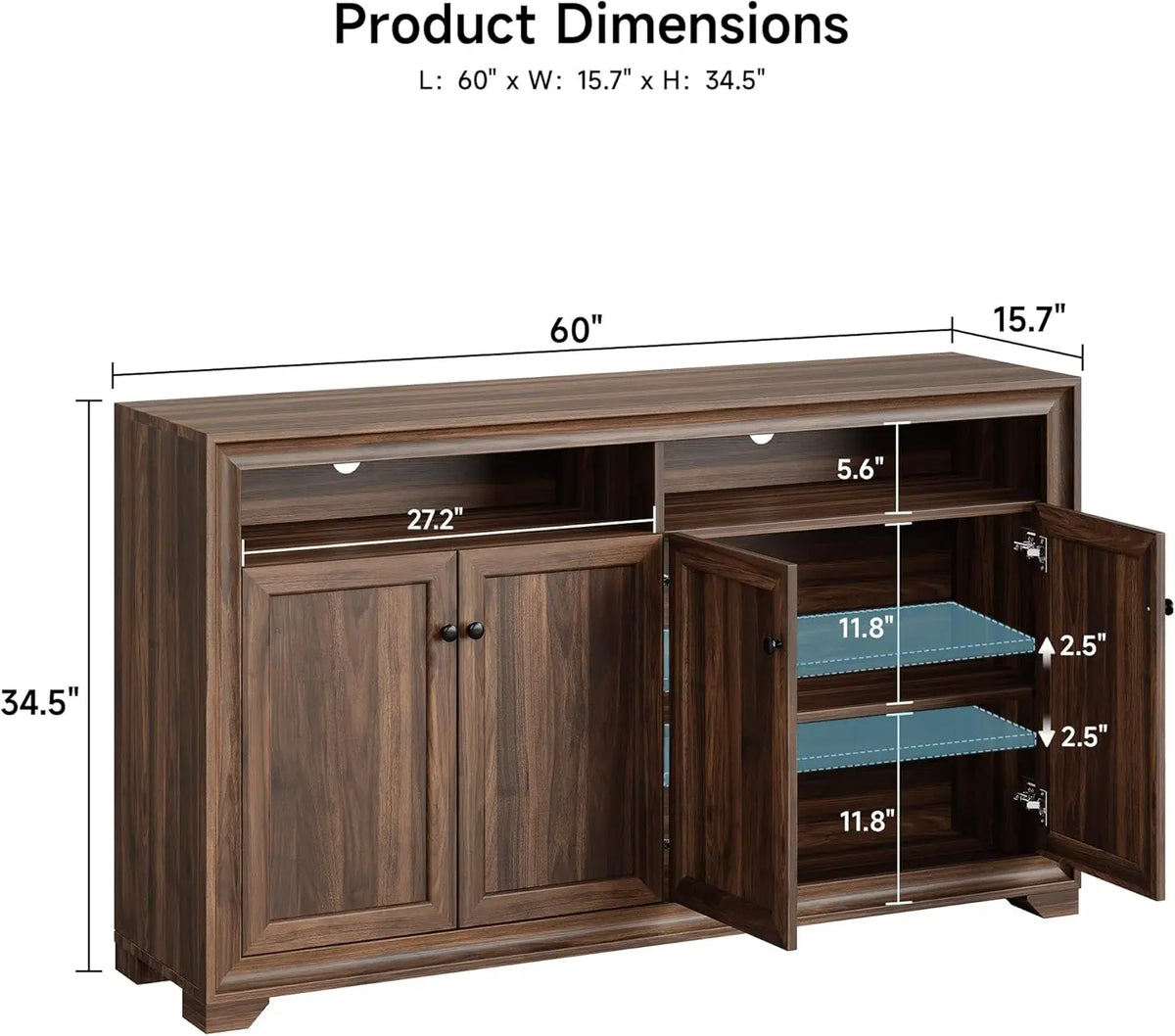 Bramblenote sideboard dimension diagram showing 60-inch width, 15.7-inch depth and 34.5-inch height.