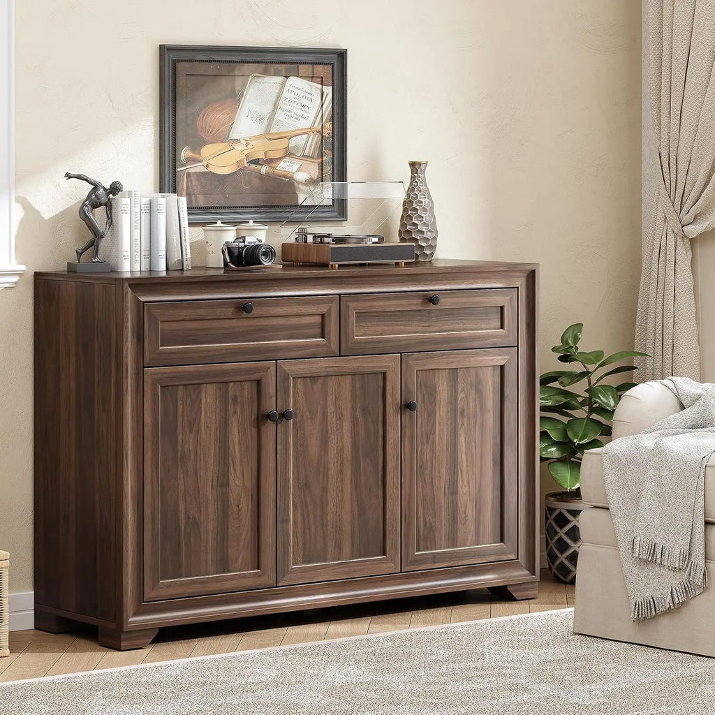 Fablearc sideboard in Olive Brown with two drawers and three paneled doors in a living room.