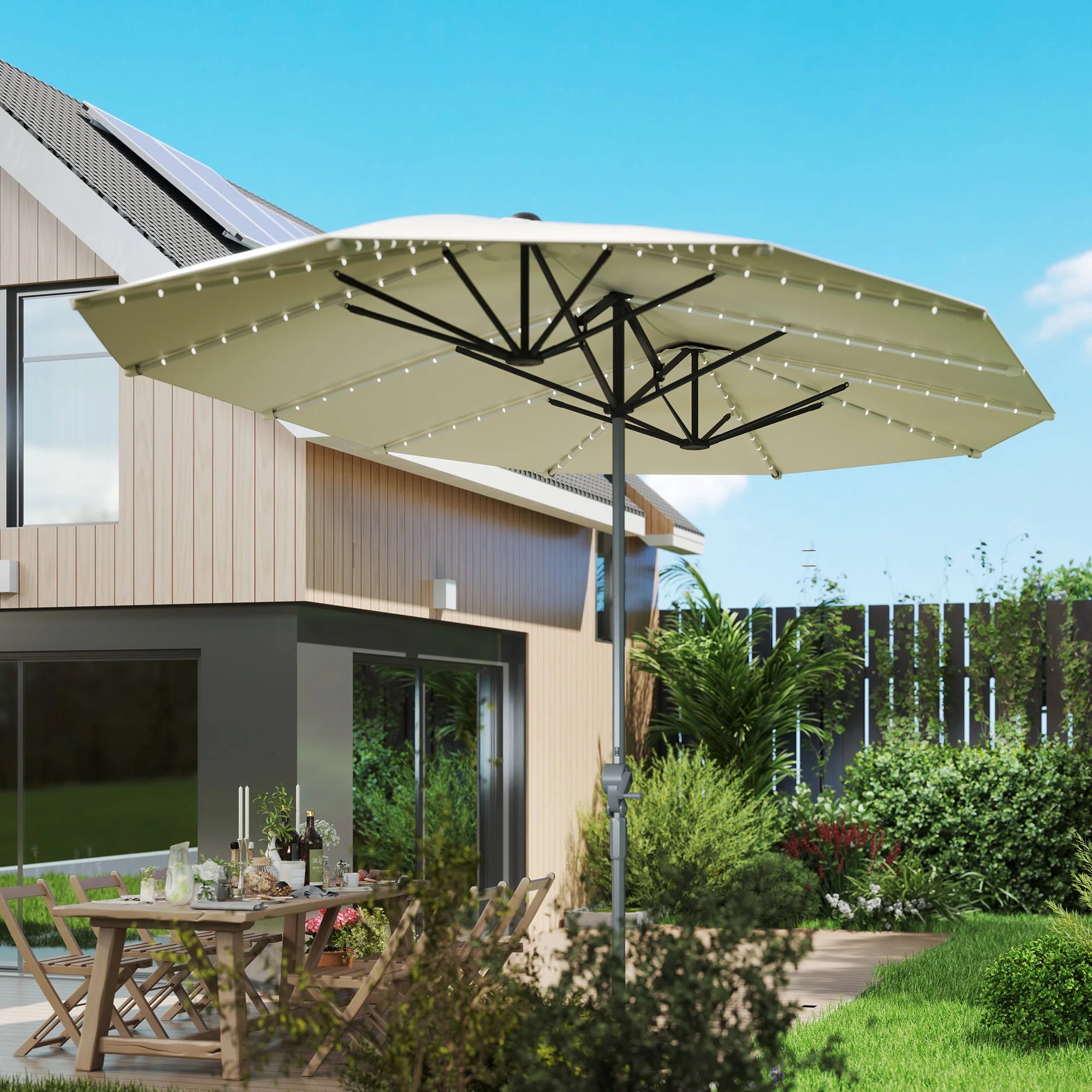 Lumaire 15' Solar LED Double-Sided Patio Umbrella – Cream