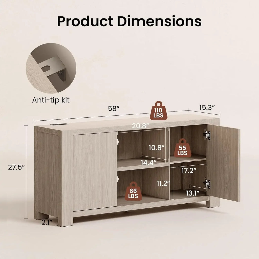 Mellorin dimension graphic showing a 58-inch width, 15.3-inch depth and 27.5-inch height.