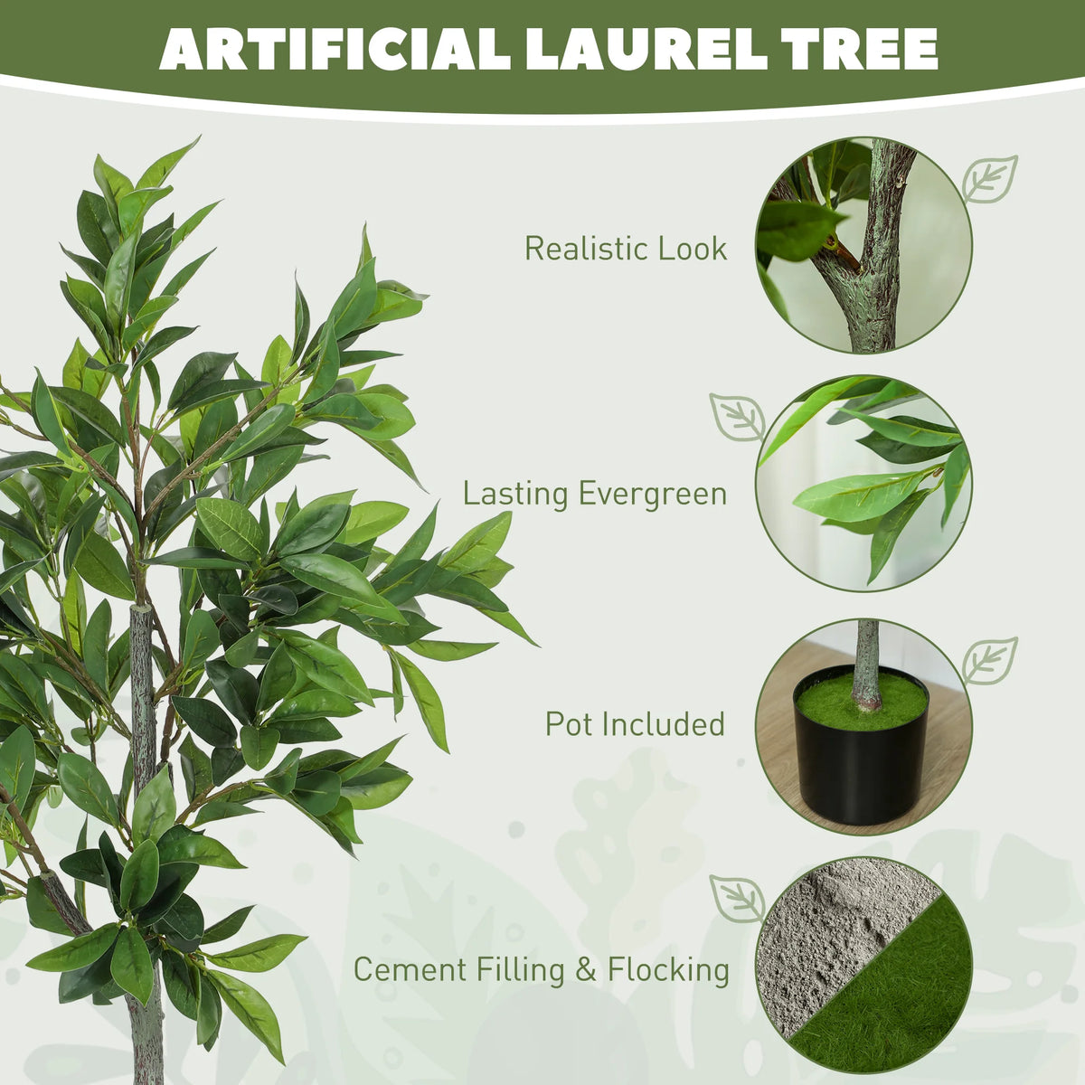 Springwick detail card showing bark-look trunk, green leaves, included pot, cement filling and flocking