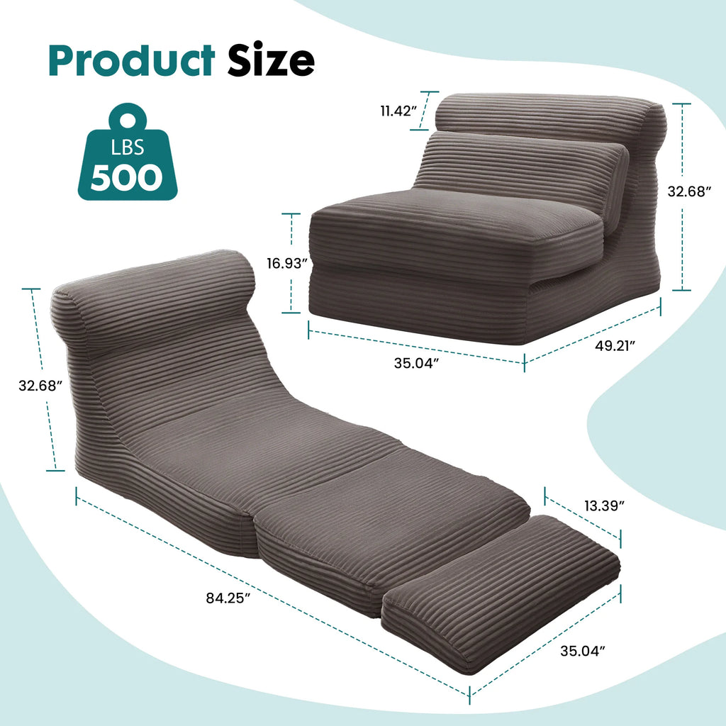 Measurement chart of a brown lounge chair with dimensions on a light blue background