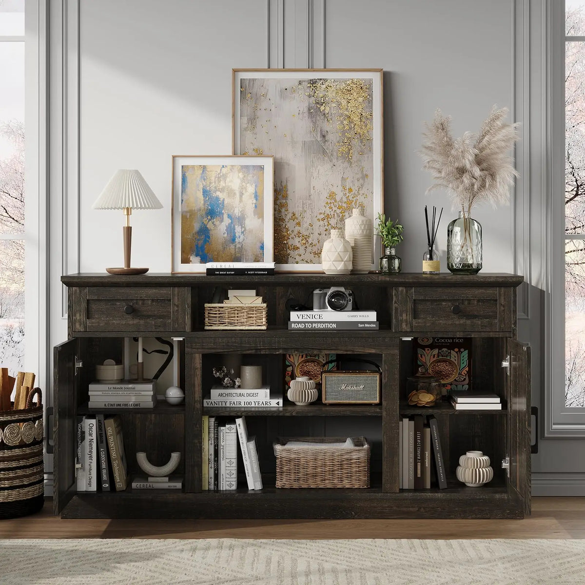 TV stand with its side doors open and center shelves installed in place of the electric fireplace insert.