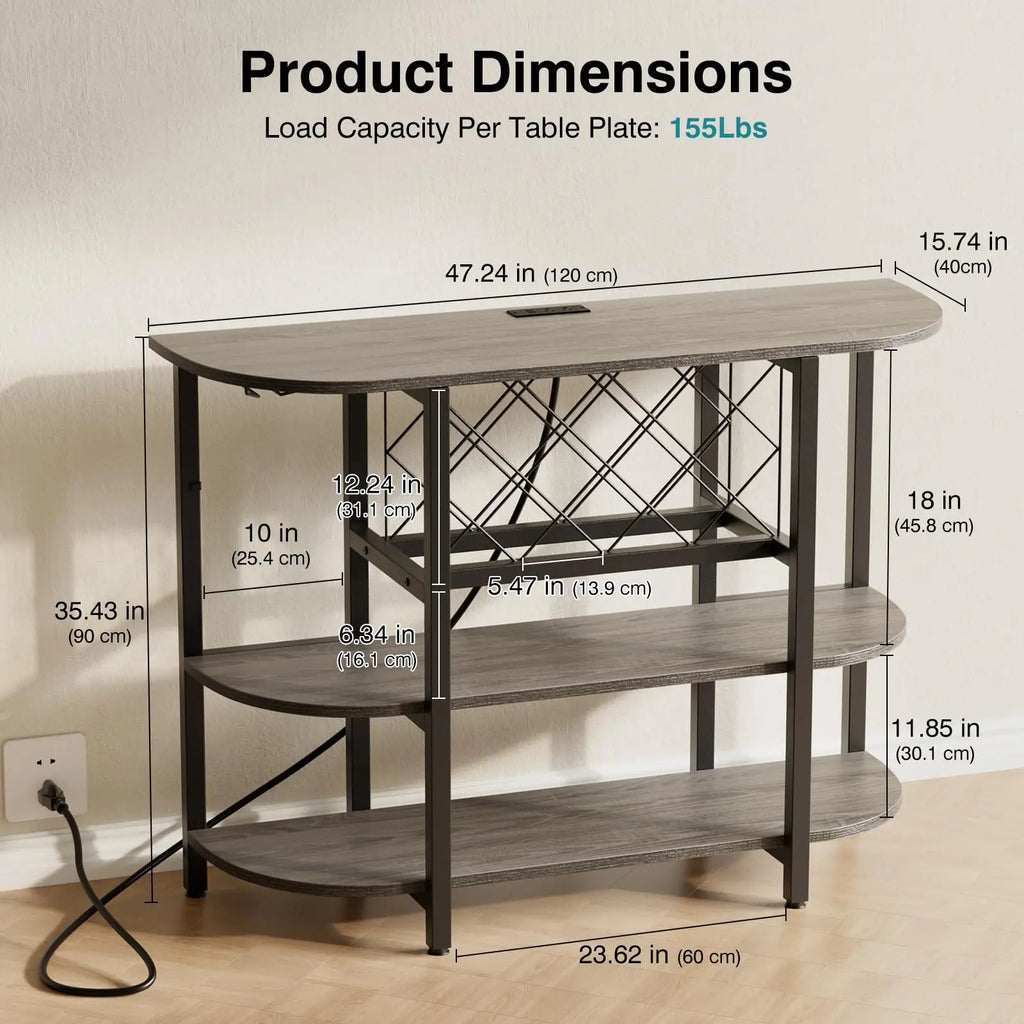 Wooden table with dimensions and load capacity label on a neutral background