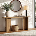 Harmonysong brown wood-grain console table against a wall beneath a round mirror, with a basket on the floor.