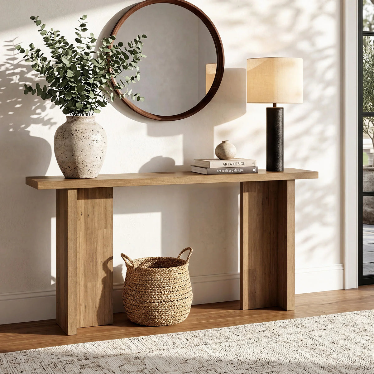 Harmonysong brown wood-grain console table against a wall beneath a round mirror, with a basket on the floor.