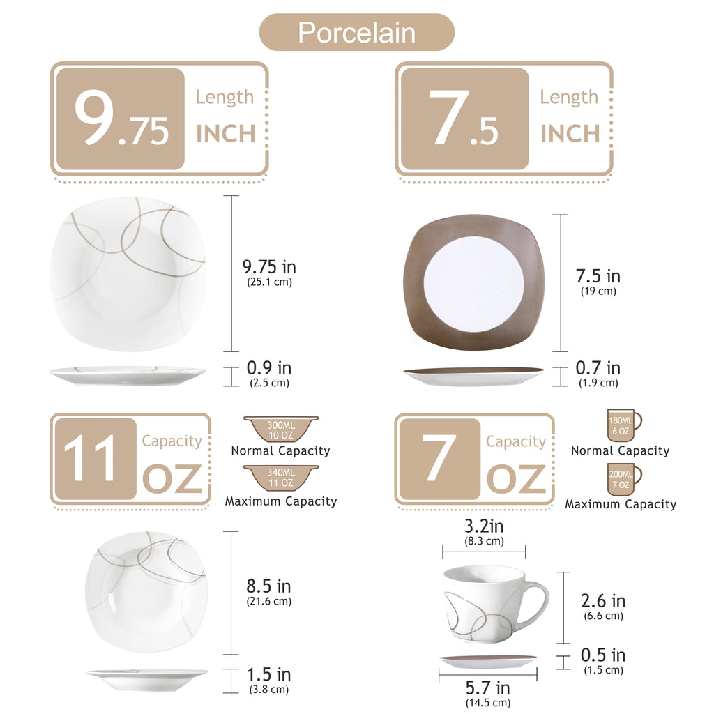 Measurement chart of porcelain items including a cup, saucer, and bowl with dimensions and capacities.