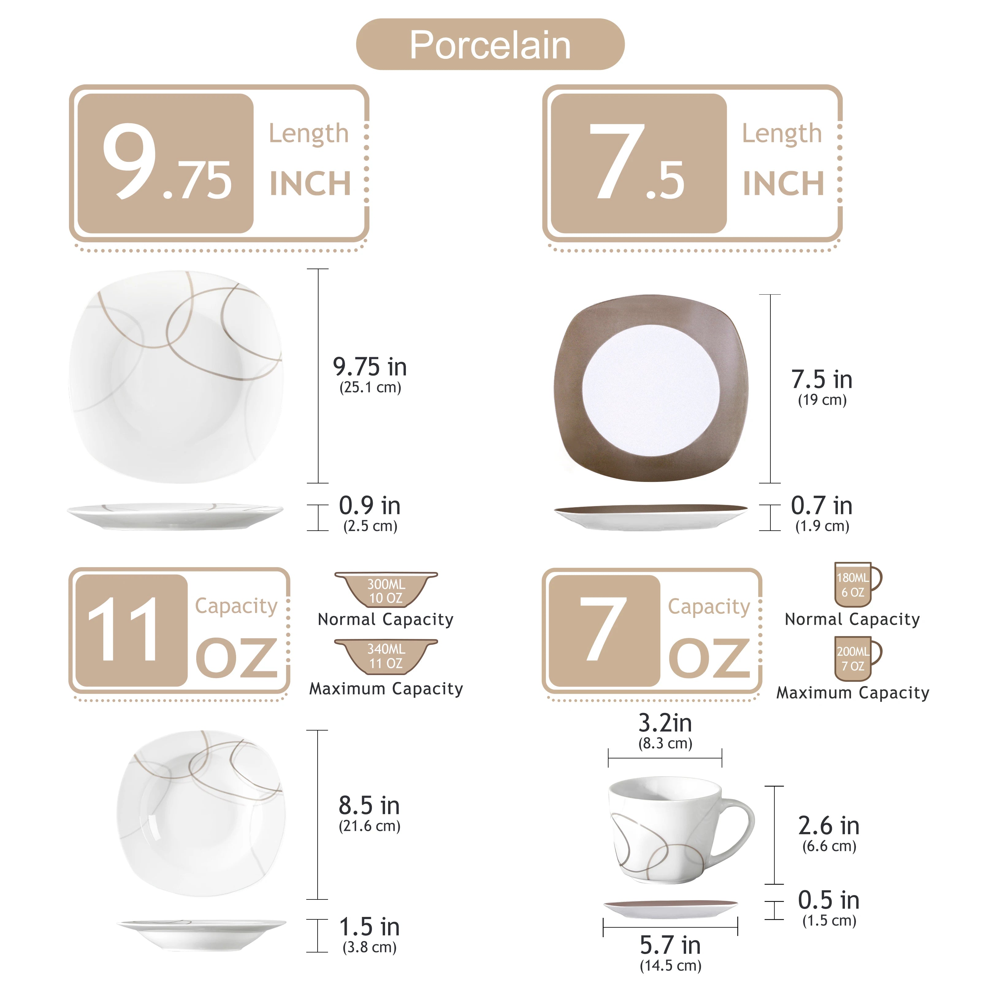 Measurement chart of porcelain items including a cup, saucer, and bowl with dimensions and capacities.